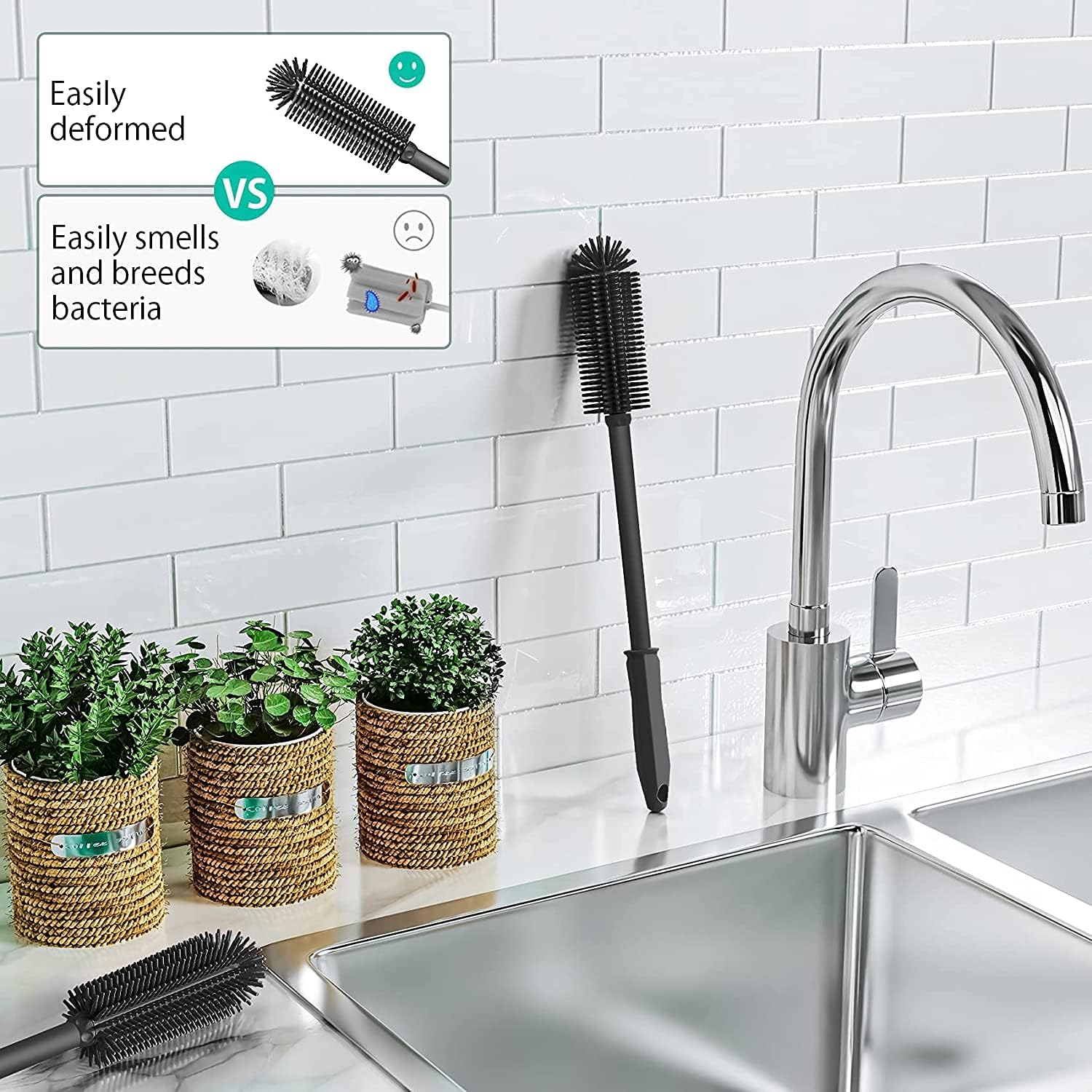 Silicone Brush Scrubber Glass Cleaner Kitchen Cleaning Tool Long Handle