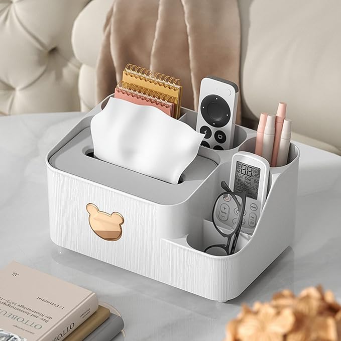 Multifunction Tissue Box Rectangular with Side Organizer Facial Tissue Holder Dispenser for compartments Holding iPad Phones, Remote Controls, Reading Glasses, Notepads & Pens