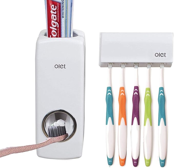 Liberty Mall Toothpaste Dispenser With 5 Brush Holder Wall Mounted Automatic Hands Free Dispenser
