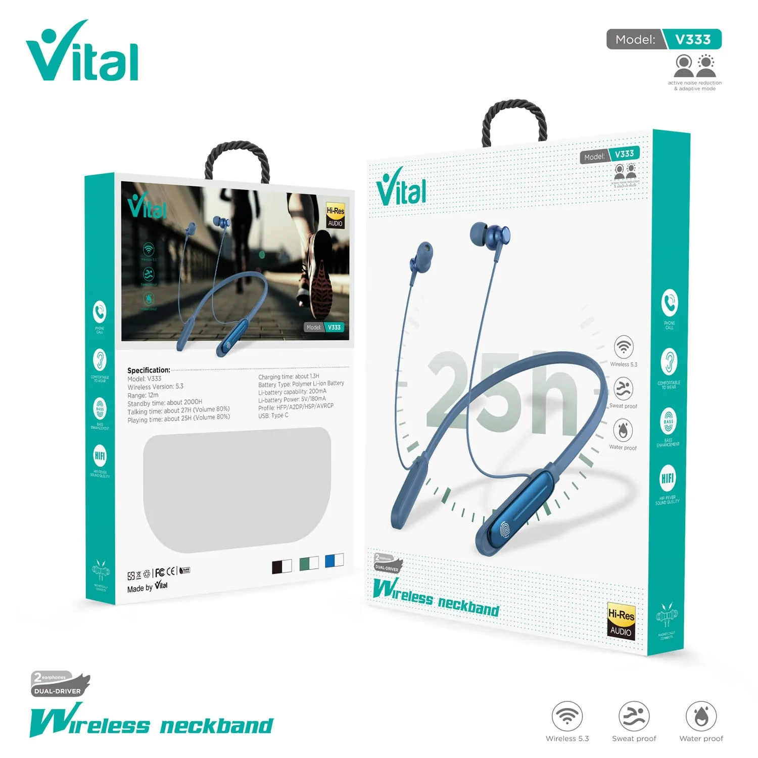 Vital V333 Bluetooth Handfree With Sensor Music Time Upto 25 HRS