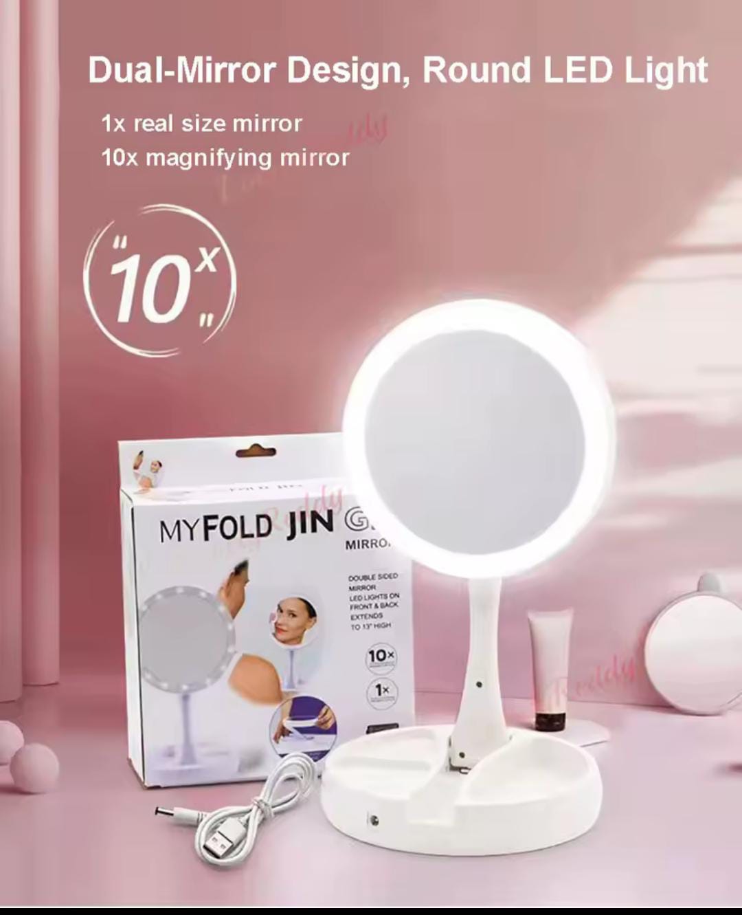 Portable Makeup Mirror Makeup Light With 10X Magnification, My Fold Jin